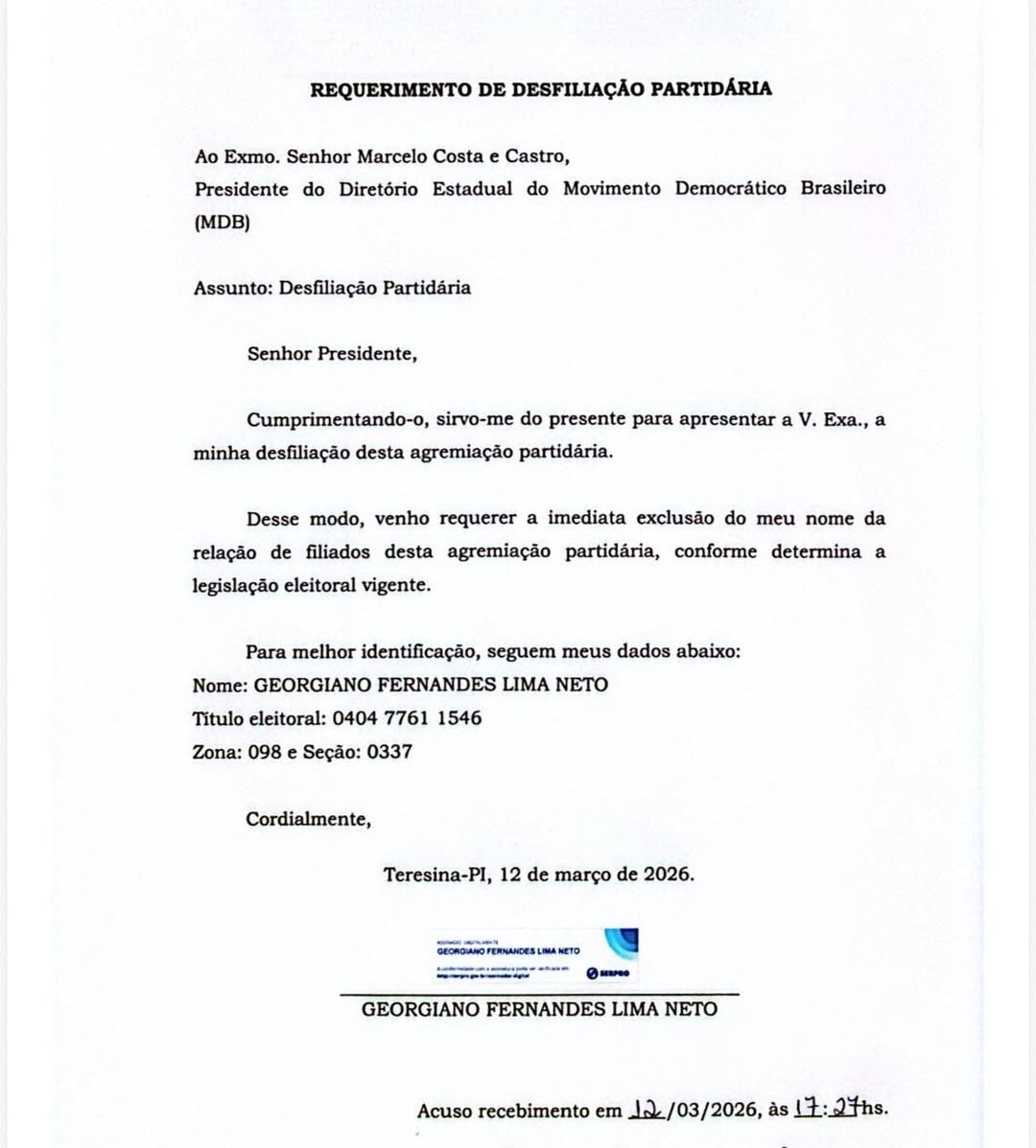 Veja na íntegra o pedido de desfiliação