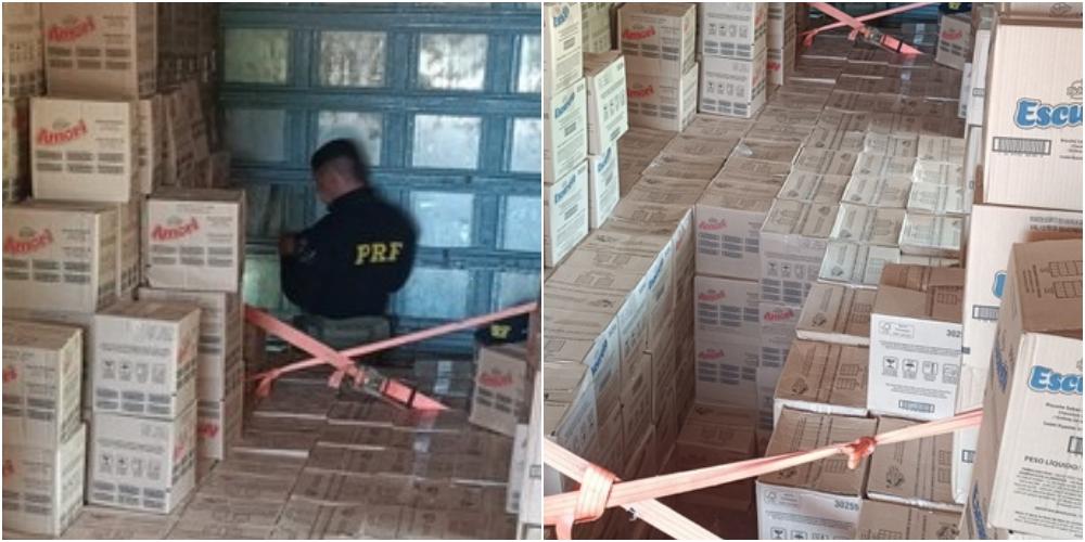 Na imagem é possível ver um policial ao fundo e a carga apreendida no momento da apreensão em Picos Piauí