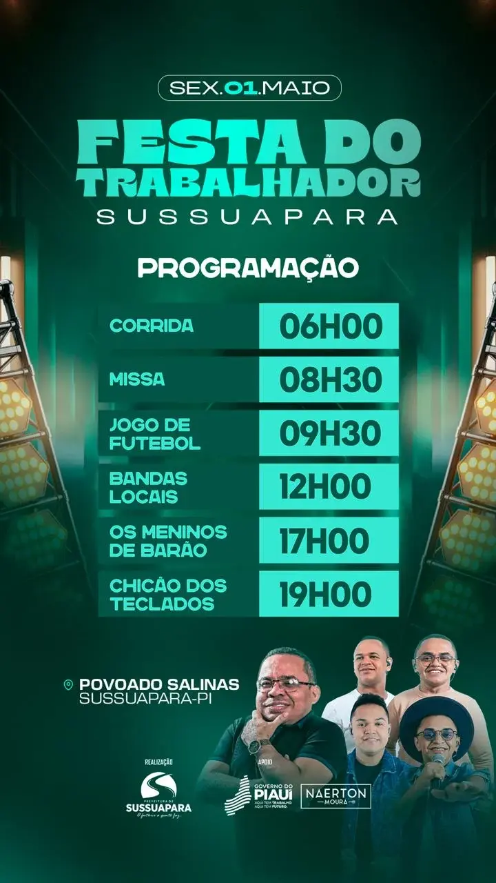 🎉 Prefeitura de Sussuapara divulga programação da Festa do Trabalhador no povoado Salinas