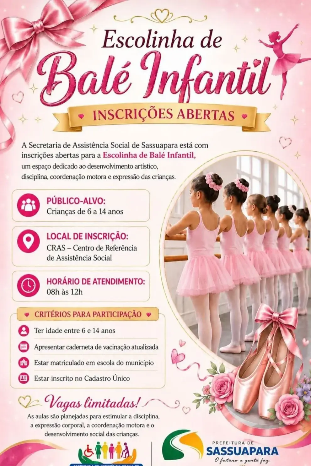 Prefeitura de Sussuapara abre inscrições para Escolinha de Balé Infantil; veja como participar