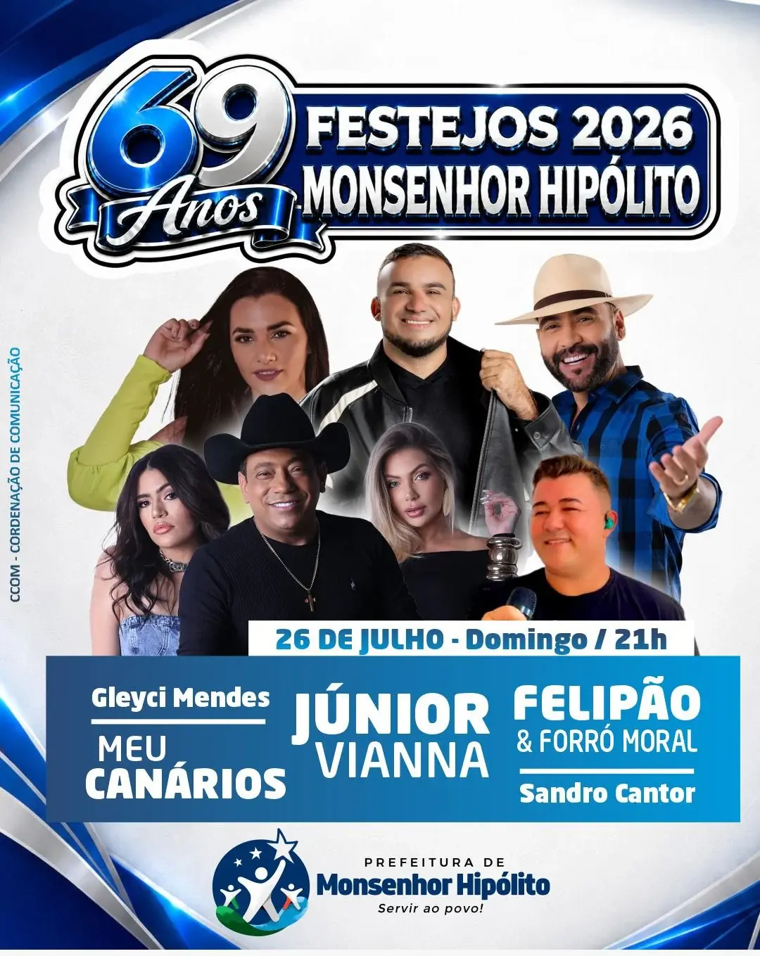 Prefeitura anuncia shows com Júnior Vianna e mais quatro atrações nos 69 anos de Monsenhor Hipólito; confira a programação