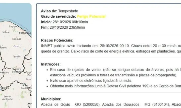 Defesa Civil emite alerta de tempestades com ventos fortes e risco de granizo em várias regiões do Piauí nesta quarta (28)