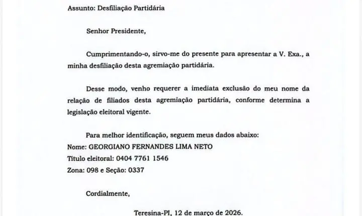 Georgiano Neto se desfilia do MDB de Marcelo Castro após racha com PSD 