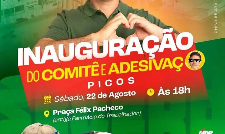 Severo Eulalio inaugura comitê em Picos neste sábado com grande adesivaço  Chapéu da notícia: Política  Subtítulo: Evento acontece neste sábado (22), na Praça Félix Pacheco, e contará com a inauguração do comitê e mobilização de a